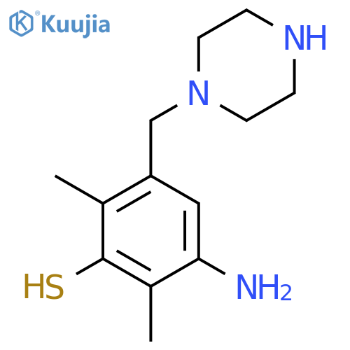 3-amino-2,6-dimethyl-5-(piperazin-1-yl)methylbenzene-1-thiol structure