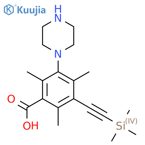 2,4,6-Trimethyl-3-(piperazin-1-yl)-5-[2-(trimethylsilyl)ethynyl]benzoic acid structure