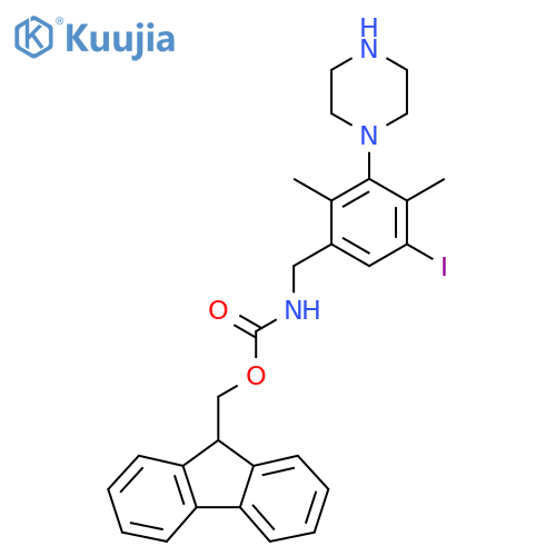 (9H-fluoren-9-yl)methyl N-{5-iodo-2,4-dimethyl-3-(piperazin-1-yl)phenylmethyl}carbamate structure