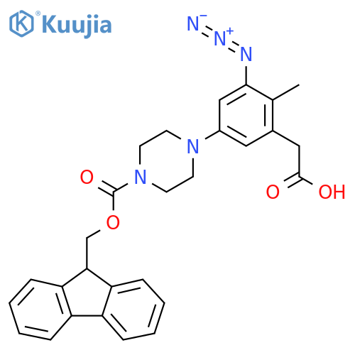 2-3-azido-5-(4-{(9H-fluoren-9-yl)methoxycarbonyl}piperazin-1-yl)-2-methylphenylacetic acid structure