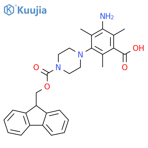 3-amino-5-(4-{(9H-fluoren-9-yl)methoxycarbonyl}piperazin-1-yl)-2,4,6-trimethylbenzoic acid structure