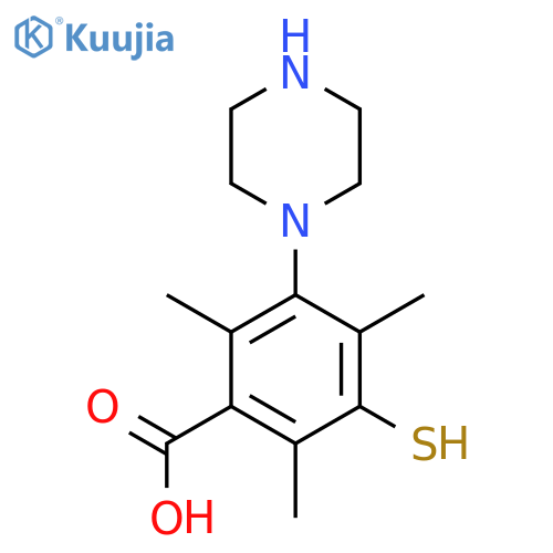 2,4,6-Trimethyl-3-(piperazin-1-yl)-5-sulfanylbenzoic acid structure
