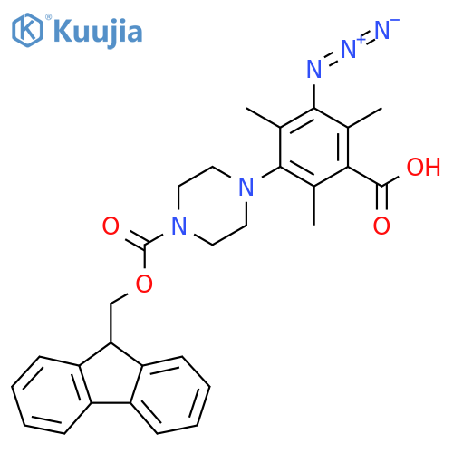 3-azido-5-(4-{[(9H-fluoren-9-yl)methoxy]carbonyl}piperazin-1-yl)-2,4,6-trimethylbenzoic acid structure