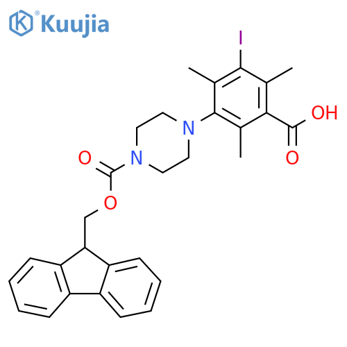 3-(4-{(9H-fluoren-9-yl)methoxycarbonyl}piperazin-1-yl)-5-iodo-2,4,6-trimethylbenzoic acid structure