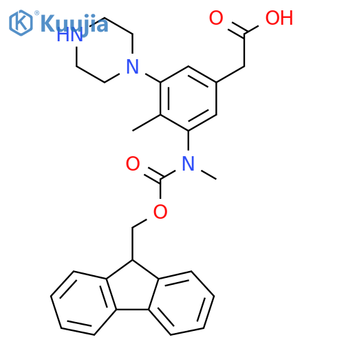 2-3-({(9H-fluoren-9-yl)methoxycarbonyl}(methyl)amino)-4-methyl-5-(piperazin-1-yl)phenylacetic acid structure