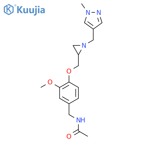 N-[[3-Methoxy-4-[[1-[(1-methylpyrazol-4-yl)methyl]aziridin-2-yl]methoxy]phenyl]methyl]acetamide structure