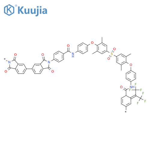 Poly[(1,3-dihydro-1,3-dioxo-2H-isoindole-2,5-diyl)[2,2,2-trifluoro-1-(trifluoromethyl)ethylidene](1,3-dihydro-1,3-dioxo-2H-isoindole-5,2-diyl)-1,4-phenylenecarbonylimino-1,4-phenyleneoxy(2,6-dimethyl-1,4-phenylene)sulfonyl(3,5-dimethyl-1,4-phenylene)oxy-1,4-phenyleneiminocarbonyl-1,4-phenylene] structure