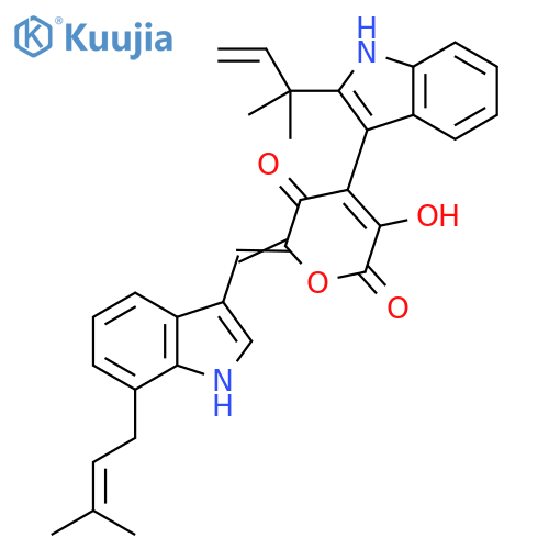 2H-Pyran-2,5(6H)-dione, 4-[2-(1,1-dimethyl-2-propen-1-yl)-1H-indol-3-yl]-3-hydroxy-6-[[7-(3-methyl-2-buten-1-yl)-1H-indol-3-yl]methylene]- structure