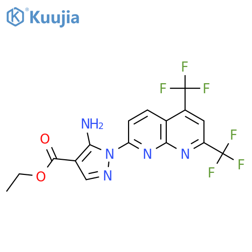Ethyl 5-amino-1-5,7-bis(trifluoromethyl)1,8naphthyridin-2-yl-1H-pyrazole-4-carboxylate structure