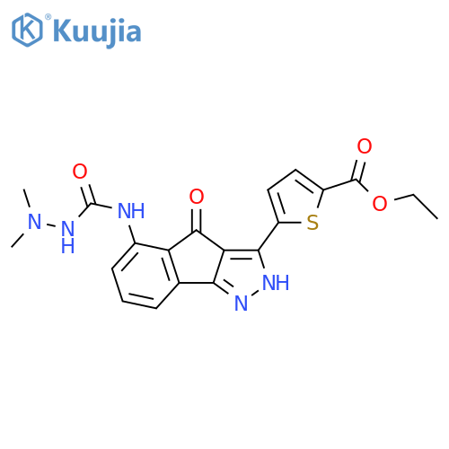 2-Thiophenecarboxylic acid,5-[5-[[(2,2-dimethylhydrazino)carbonyl]amino]-2,4-dihydro-4-oxoindeno[1,2-c]pyrazol-3-yl]-, ethyl ester structure