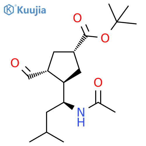 Cyclopentanecarboxylic acid,3-[(1S)-1-(acetylamino)-3-methylbutyl]-4-formyl-, 1,1-dimethylethyl ester,(1R,3R,4R)- structure