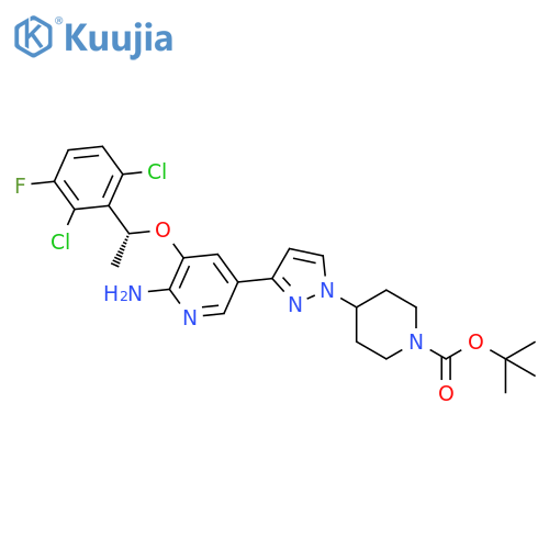 1-Piperidinecarboxylic acid, 4-[3-[6-amino-5-[(1R)-1-(2,6-dichloro-3-fluorophenyl)ethoxy]-3-pyridinyl]-1H-pyrazol-1-yl]-, 1,1-dimethylethyl ester structure