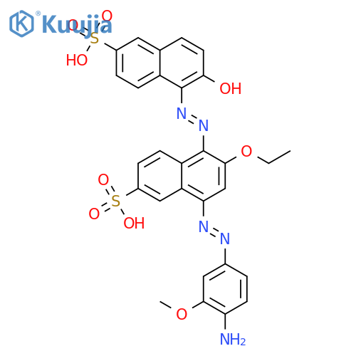 8-(4-amino-3-methoxy-phenyl)azo-6-ethoxy-5-[(2-hydroxy-6-sulfo-1-naphthyl)azo]naphthalene-2-sulfonic acid structure