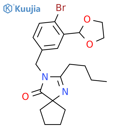 3-[[4-bromo-3-(1,3-dioxolan-2-yl)phenyl]methyl]-2-butyl-1,3-diazaspiro[4.4]non-1-en-4-one structure