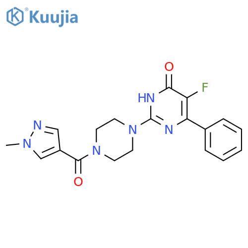 5-fluoro-2-[4-(1-methyl-1H-pyrazole-4-carbonyl)piperazin-1-yl]-6-phenyl-3,4-dihydropyrimidin-4-one structure