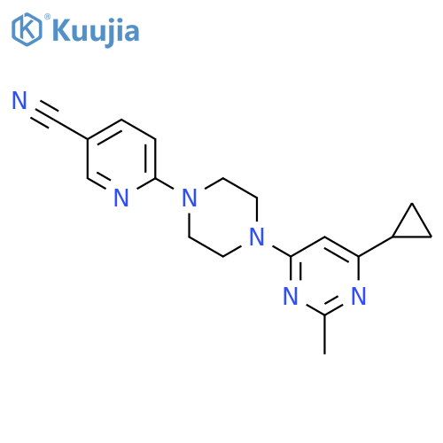 6-[4-(6-cyclopropyl-2-methylpyrimidin-4-yl)piperazin-1-yl]pyridine-3-carbonitrile structure
