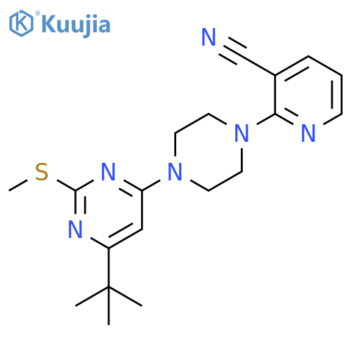 2-{4-[6-tert-butyl-2-(methylsulfanyl)pyrimidin-4-yl]piperazin-1-yl}pyridine-3-carbonitrile structure
