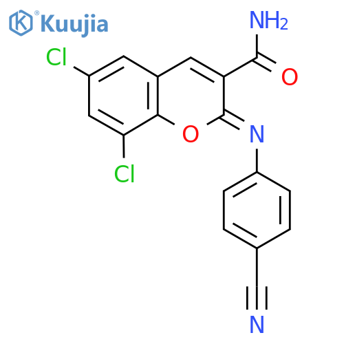 (2Z)-6,8-dichloro-2-(4-cyanophenyl)imino-2H-chromene-3-carboxamide structure