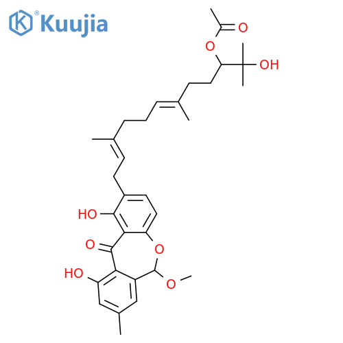 1,10-Dihydroxy-6-methoxy-8-methyl-2-(3,7,11-trimethyl-2,6,10-dodecatrienyl)dibenz[b,e]oxepin-11(6H)-one; 10',11'-Dihydro, 10'ξ-acetoxy, 11'-hydroxy structure