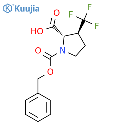 rac-(2R,3R)-1-(benzyloxy)carbonyl-3-(trifluoromethyl)pyrrolidine-2-carboxylic acid structure