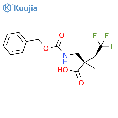 rac-(1R,2R)-1-({(benzyloxy)carbonylamino}methyl)-2-(trifluoromethyl)cyclopropane-1-carboxylic acid structure