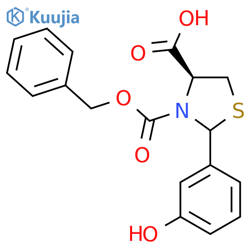 (4S)-3-(benzyloxy)carbonyl-2-(3-hydroxyphenyl)-1,3-thiazolidine-4-carboxylic acid structure