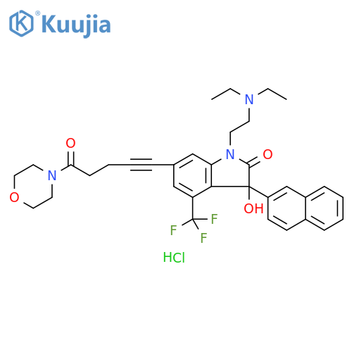 2H-Indol-2-one, 1-[2-(diethylamino)ethyl]-1,3-dihydro-3-hydroxy-6-[5-(4-morpholinyl)-5-oxo-1-pentyn-1-yl]-3-(2-naphthalenyl)-4-(trifluoromethyl)-, hydrochloride (1:1) structure