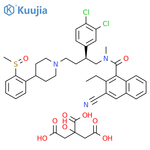 1-Naphthalenecarboxamide,3-cyano-N-[(2S)-2-(3,4-dichlorophenyl)-4-[4-[2-[(S)-methylsulfinyl]phenyl]-1-piperidinyl]butyl]-2-ethyl-N-methyl-,2-hydroxy-1,2,3-propanetricarboxylate (1:1) structure