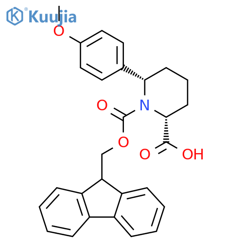 rac-(2R,6S)-1-{[(9H-fluoren-9-yl)methoxy]carbonyl}-6-(4-methoxyphenyl)piperidine-2-carboxylic acid structure