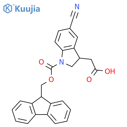 2-(5-cyano-1-{(9H-fluoren-9-yl)methoxycarbonyl}-2,3-dihydro-1H-indol-3-yl)acetic acid structure