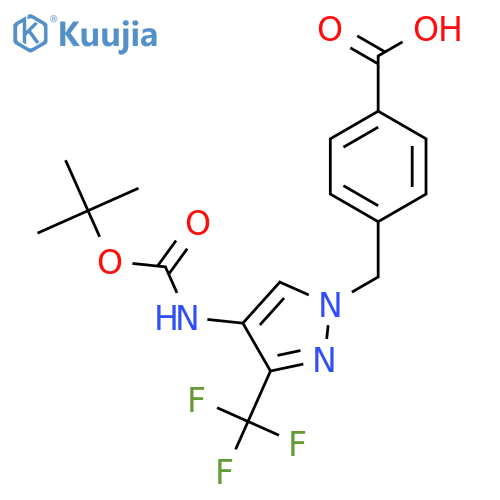 4-(4-{(tert-butoxy)carbonylamino}-3-(trifluoromethyl)-1H-pyrazol-1-yl)methylbenzoic acid structure