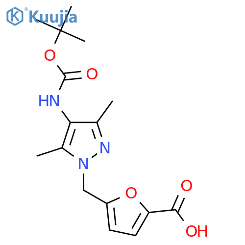 5-(4-{(tert-butoxy)carbonylamino}-3,5-dimethyl-1H-pyrazol-1-yl)methylfuran-2-carboxylic acid structure