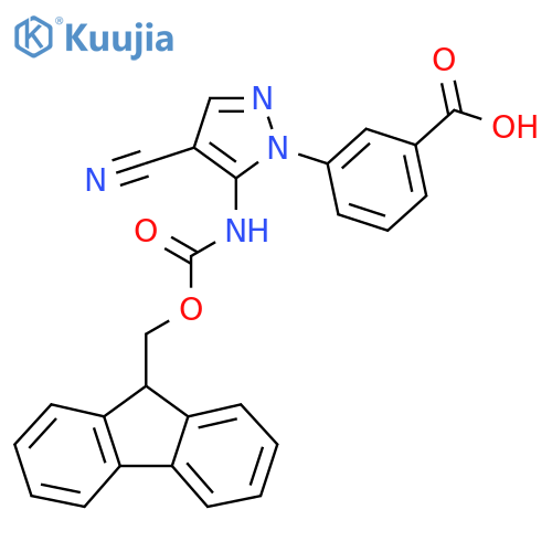 3-[4-cyano-5-({[(9H-fluoren-9-yl)methoxy]carbonyl}amino)-1H-pyrazol-1-yl]benzoic acid structure