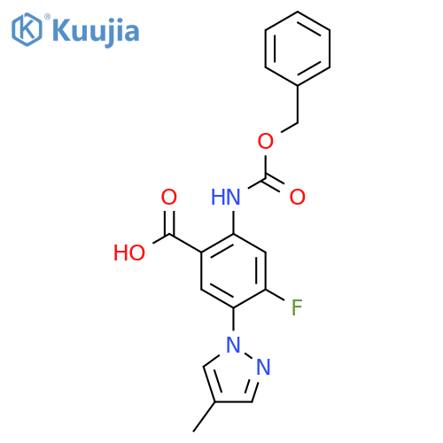 2-{(benzyloxy)carbonylamino}-4-fluoro-5-(4-methyl-1H-pyrazol-1-yl)benzoic acid structure