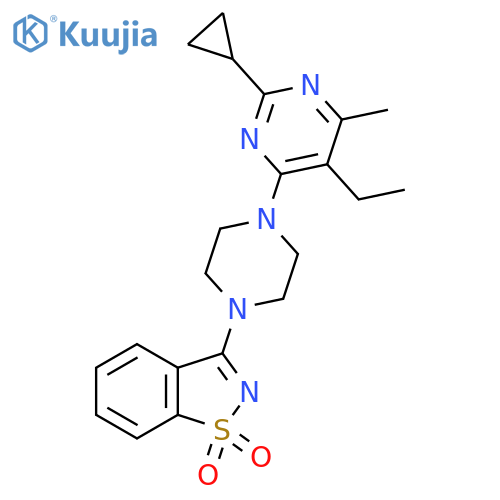 3-4-(2-cyclopropyl-5-ethyl-6-methylpyrimidin-4-yl)piperazin-1-yl-1,2-benzothiazole-1,1-dione structure