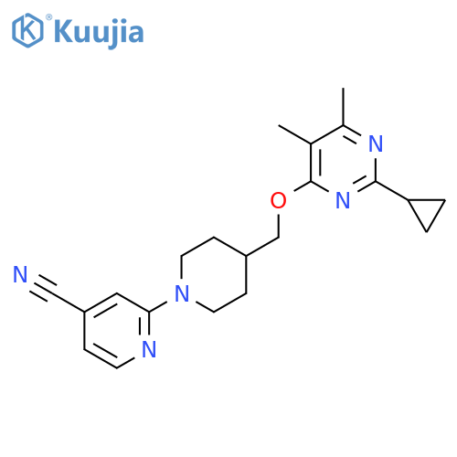 2-(4-{[(2-Cyclopropyl-5,6-dimethylpyrimidin-4-yl)oxy]methyl}piperidin-1-yl)pyridine-4-carbonitrile structure