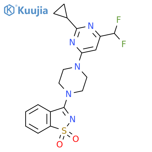 3-{4-2-cyclopropyl-6-(difluoromethyl)pyrimidin-4-ylpiperazin-1-yl}-1,2-benzothiazole-1,1-dione structure