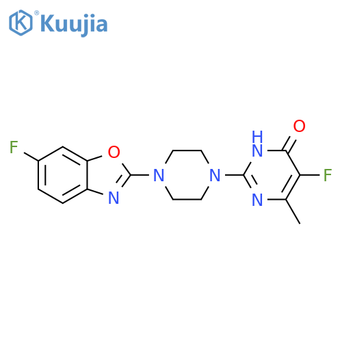 5-fluoro-2-[4-(6-fluoro-1,3-benzoxazol-2-yl)piperazin-1-yl]-6-methyl-3,4-dihydropyrimidin-4-one structure