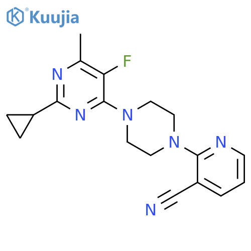 2-[4-(2-cyclopropyl-5-fluoro-6-methylpyrimidin-4-yl)piperazin-1-yl]pyridine-3-carbonitrile structure