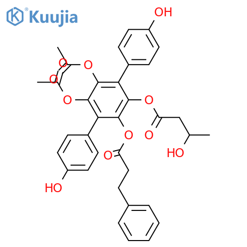 [p-Terphenyl]-2',3',4,4'',5',6'-hexol; 2'-(3-Phenylpropanoyl), 3'-(3-hydroxybutanoyl), 5',6'-di-Ac structure
