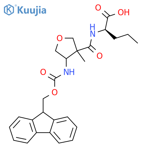 (2R)-2-{4-({(9H-fluoren-9-yl)methoxycarbonyl}amino)-3-methyloxolan-3-ylformamido}pentanoic acid structure
