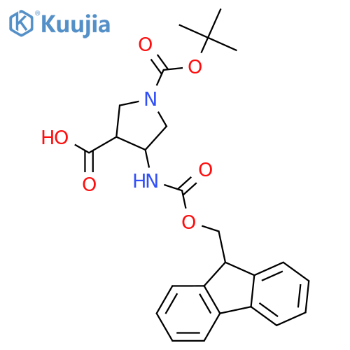 (3R,4S)-1-[(tert-butoxy)carbonyl]-4-{[(9H-fluoren-9-ylmethoxy)carbonyl]amino}pyrrolidine-3-carboxylic acid structure