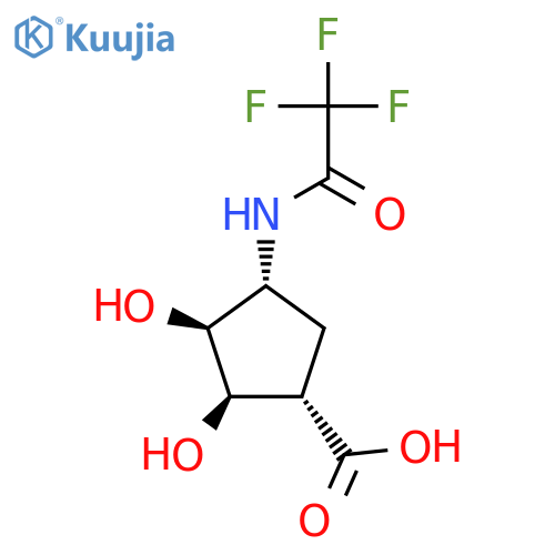 rac-(1R,2S,3R,4S)-2,3-dihydroxy-4-(2,2,2-trifluoroacetamido)cyclopentane-1-carboxylic acid structure