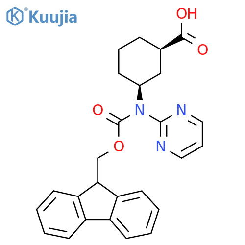 rac-(1R,3S)-3-({(9H-fluoren-9-yl)methoxycarbonyl}(pyrimidin-2-yl)amino)cyclohexane-1-carboxylic acid structure