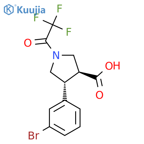 rac-(3R,4S)-4-(3-bromophenyl)-1-(2,2,2-trifluoroacetyl)pyrrolidine-3-carboxylic acid structure