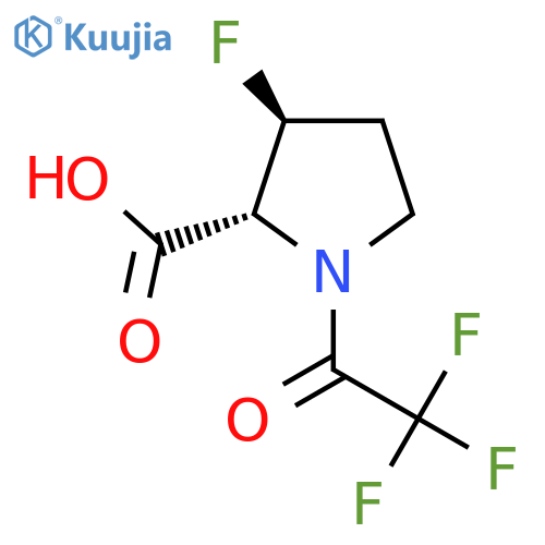 rac-(2R,3S)-3-fluoro-1-(2,2,2-trifluoroacetyl)pyrrolidine-2-carboxylic acid structure
