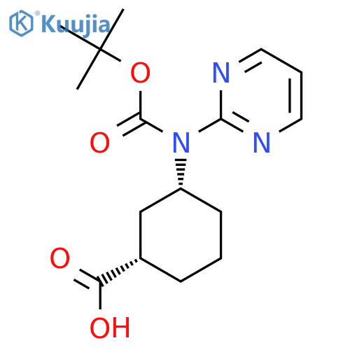 rac-(1R,3S)-3-{(tert-butoxy)carbonyl(pyrimidin-2-yl)amino}cyclohexane-1-carboxylic acid structure