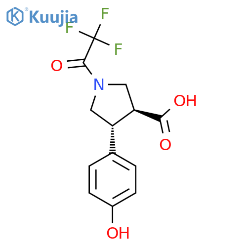 rac-(3R,4S)-4-(4-hydroxyphenyl)-1-(2,2,2-trifluoroacetyl)pyrrolidine-3-carboxylic acid structure