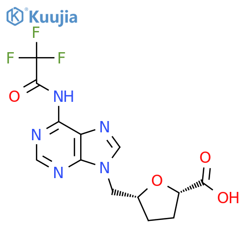 rac-(2R,5S)-5-{6-(2,2,2-trifluoroacetamido)-9H-purin-9-ylmethyl}oxolane-2-carboxylic acid structure