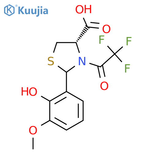 (4S)-2-(2-hydroxy-3-methoxyphenyl)-3-(2,2,2-trifluoroacetyl)-1,3-thiazolidine-4-carboxylic acid structure